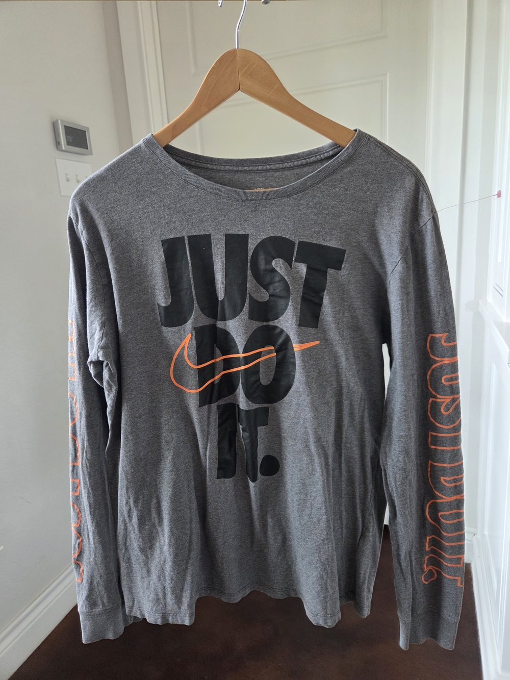 Nike Gray "Just Do It" Long Sleeve Tee with Orange Swoosh
